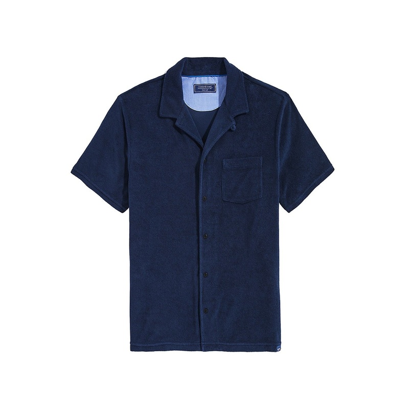 Vineyard Vines Mens Terry Short Sleeve Button Down Camp Shirt Blue Medium