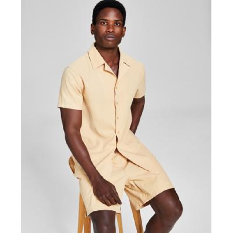 And Now This Men's Classic Fit Button Down Camp Shirt Sand Large