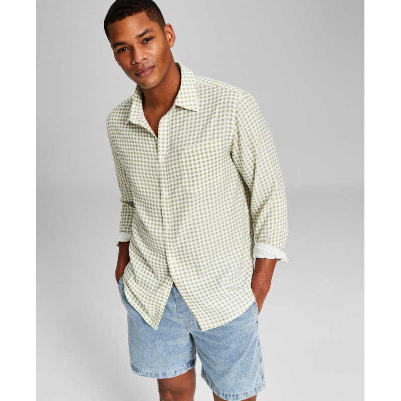 And Now This Men's Mini Check Long Sleeve Button Down Shirt Green Large