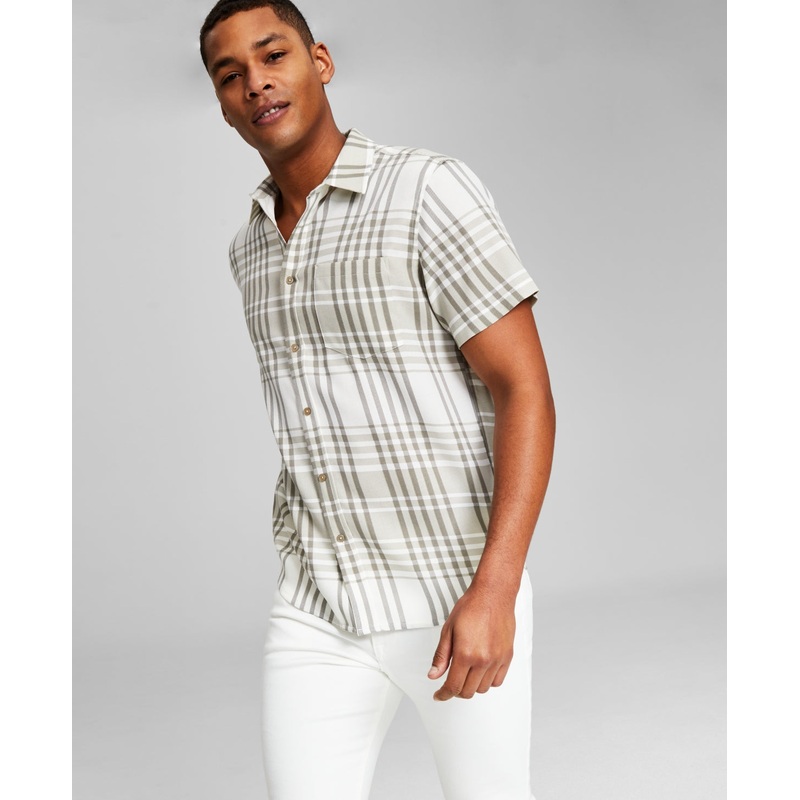 And Now This Men's Plaid Woven Short Sleeve Button Down Shirt Grey XL
