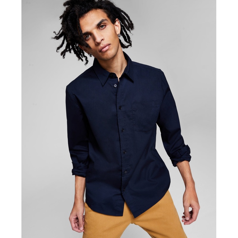 And Now This Men's Poplin Long Sleeve Button Down Shirt Navy Blue Small