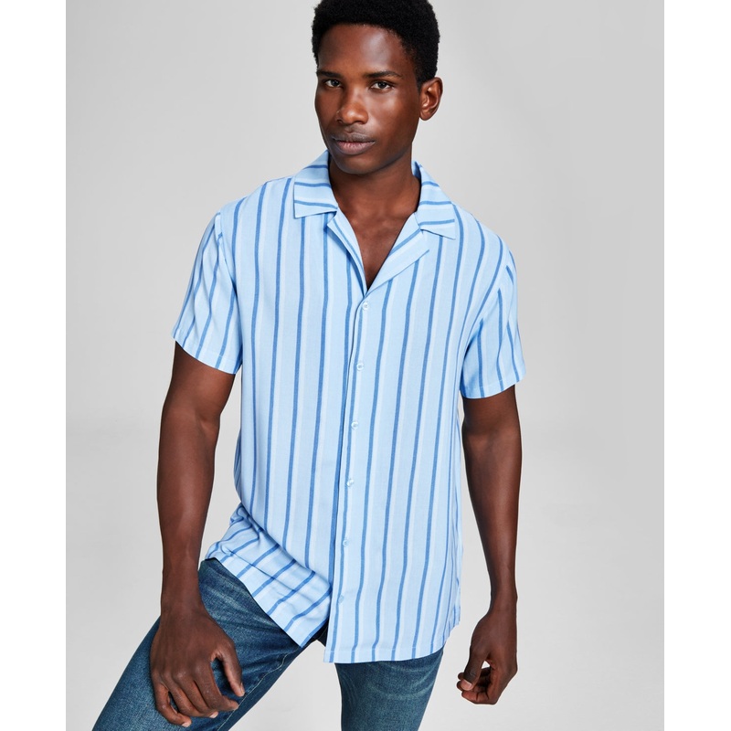 And Now This Men's Striped Woven Short Sleeve Button Down Camp Shirt Blue Medium