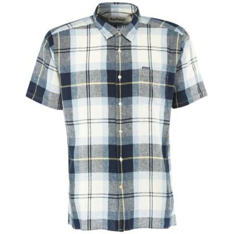 Barbour Mens Croft Checked Linen Lyocell Blend Button Down Shirt Blue Medium