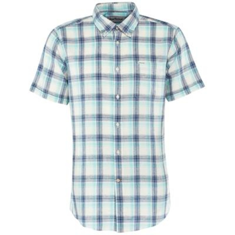 Barbour Mens Linen Plaid Button Down Short Sleeve Shirt Blue Large