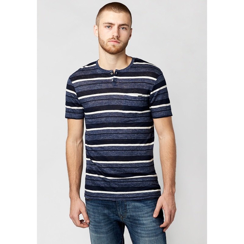 Buffalo David Bitton Mens Striped Linen Henley Short Sleeve T Shirt Whale XL