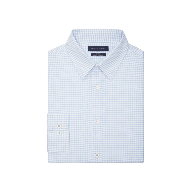 Tommy Hilfiger Mens No Tuck Slim Fit Stretch Dress Shirt Light Blue XL
