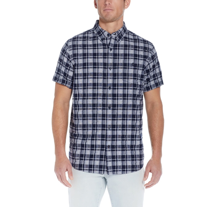 Weatherproof Vintage Men's Short Sleeve Seersucker Button Down Shirt Blue Medium