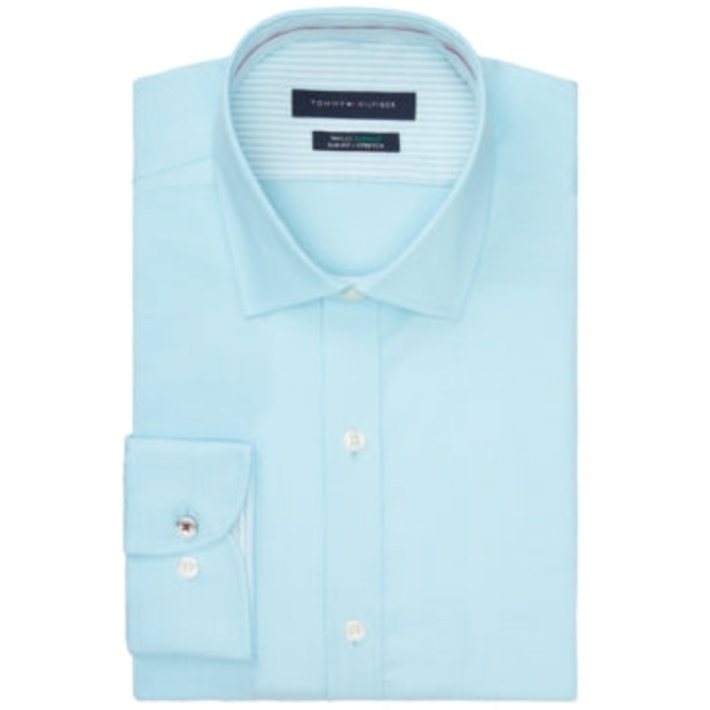 Tommy Hilfiger Men's Slim Fit Th Flex Stretch Solid Dress Shirt Blue 17 32 33
