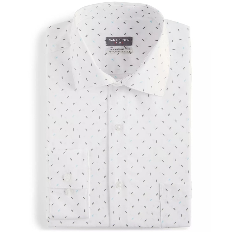 VAN HEUSEN Men's Regular-Fit Stretch Printed Dress Shirt 16 16.5 34 35 White