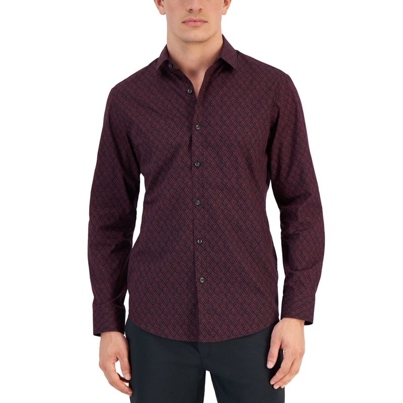 Alfani Men's Petal Geo Print Long Sleeve Button Down Shirt Black Burgundy Small