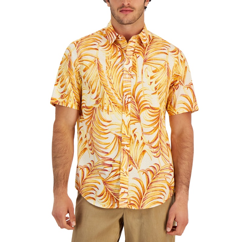 Club Room Men's Short Sleeve Beach Palms Button Down Shirt Orange Medium