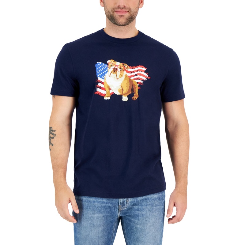 Club Room Men's Bulldog Flag Graphic T Shirt Navy Blue Combo Large