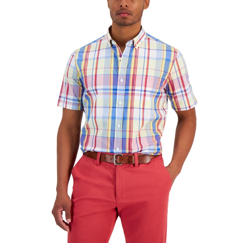 Club Room Men's Espuma Regular Fit Plaid Button Down Poplin Shirt Pink Small