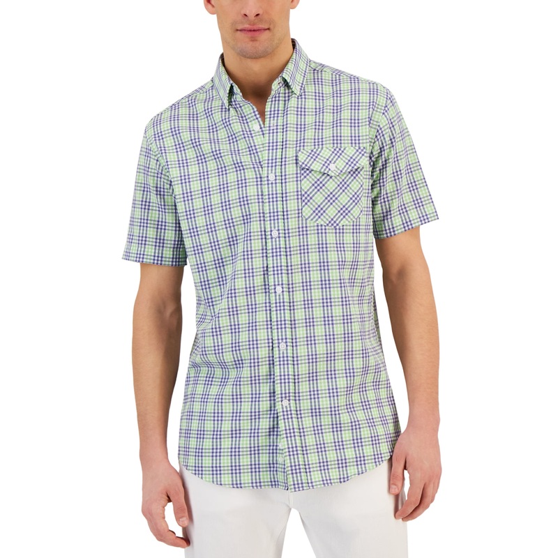 Club Room Men's Short Sleeve Justin Plaid Tech Woven Shirt Pistachio Green Small