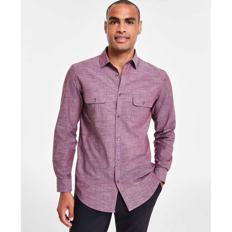 Alfani Men's Regular Fit Solid Button Down Shirt Maroon Banner Large