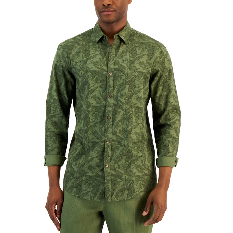 Alfani Men's Suroeste Floral Button Down Shirt Military Soil Green Large