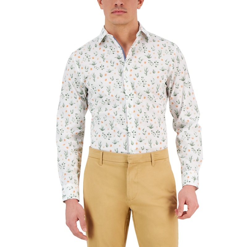 Bar Iii Men's Slim Fit Cactus Print Dress Shirt White Green Medium
