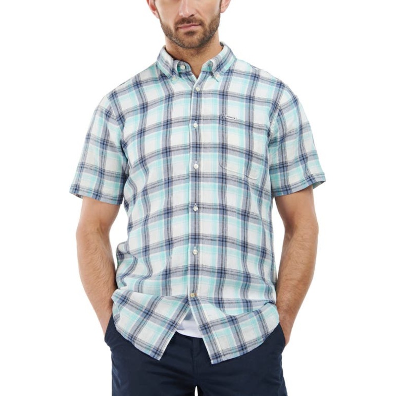 Barbour Men's Crossfell Button Down Tailored Shirt Ecru Blue XL