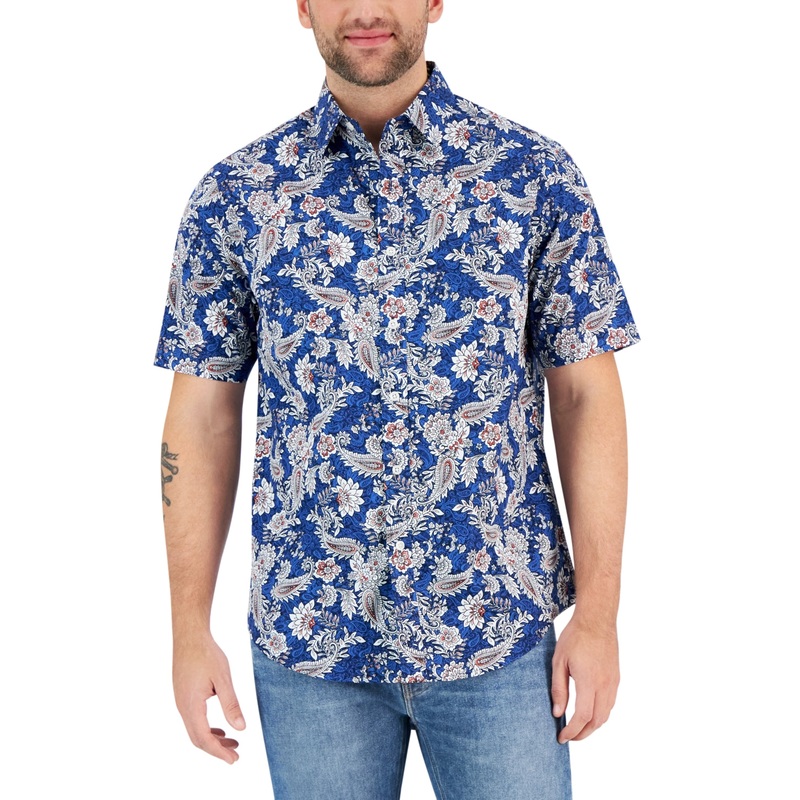 Club Room Men's Elevated Luna Paisley Button Down Shirt Blue XL