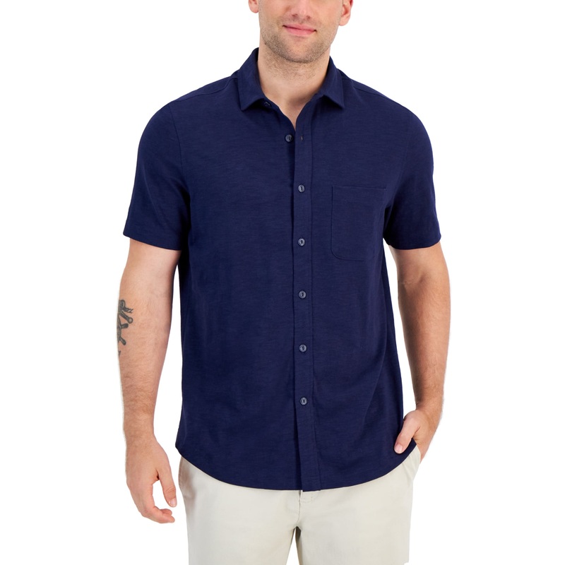 Club Room Men's Regular Fit Textured Knit Button Down Shirt Navy Blue XL