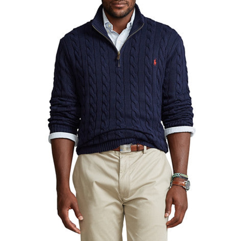 Polo Ralph Lauren Mens Big & Tall Cable Cotton Quarter Zip Sweater 3LT 3XLT Navy