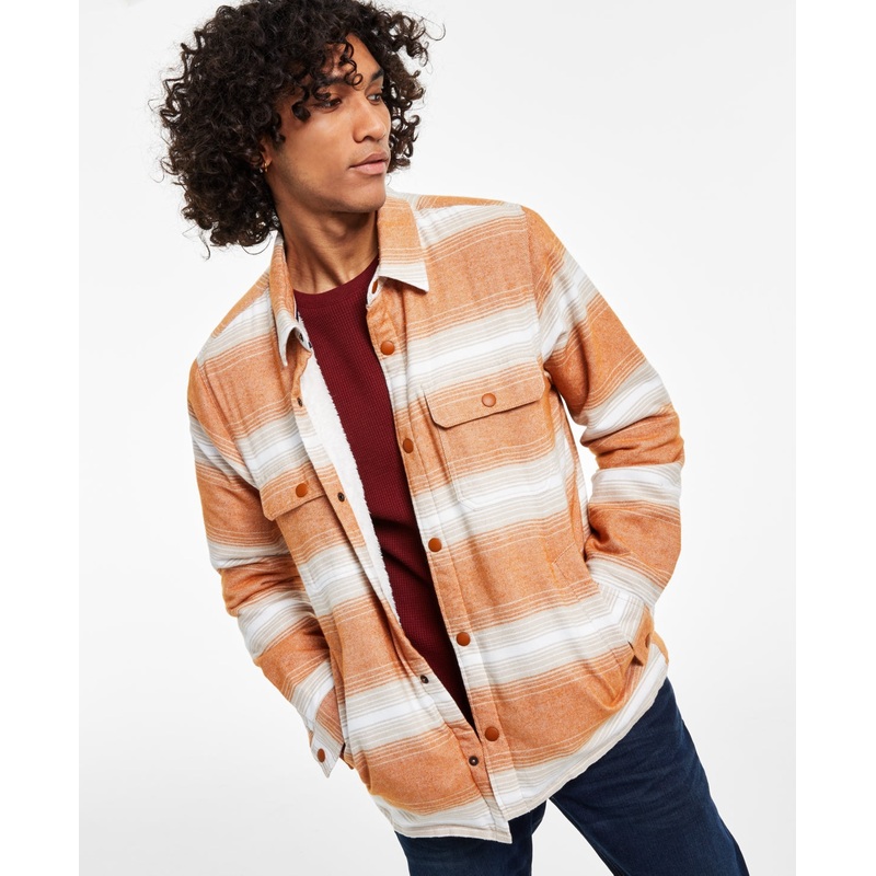 Sun + Stone Men's Kip Fleece-Lined Flannel Shirt Jacket Large Caramel Cafe