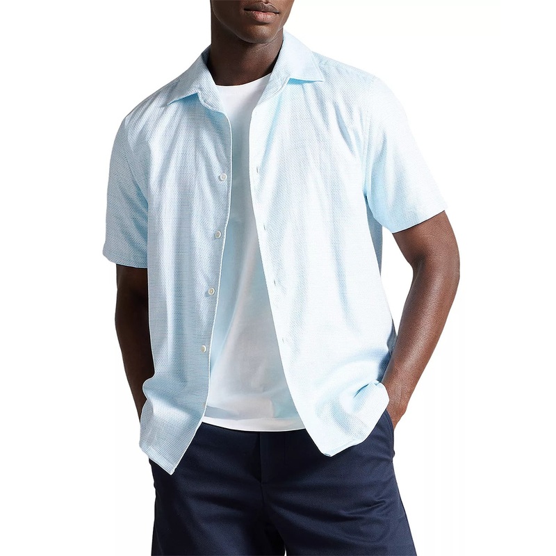 Ted Baker Seamus Short Sleeve Semi Plain Linen Shirt Size 3 / Medium Blue