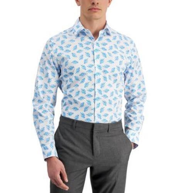 Bar III Mens Leaf Print Long Sleeve Button Down Dress Shirt White Blue XL