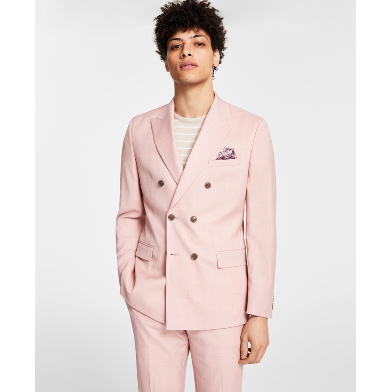 Bar III Mens Slim Fit Double Breasted Suit Jacket Pink 42R Wool Blend