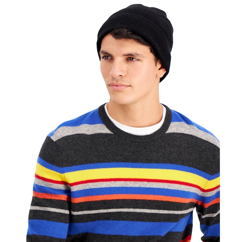 Club Room Men's 100% Cashmere Cuffed Beanie Hat Black