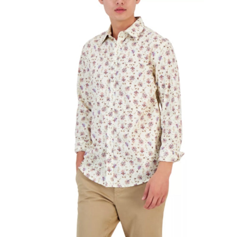 CLUB ROOM Men's Monan Floral Button Shirt Bright White Medium