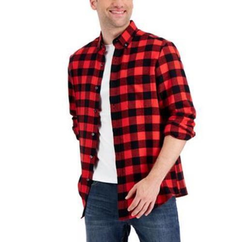 Club Room Men's Regular-Fit Plaid Flannel Shirt Bright Ruby Black Large