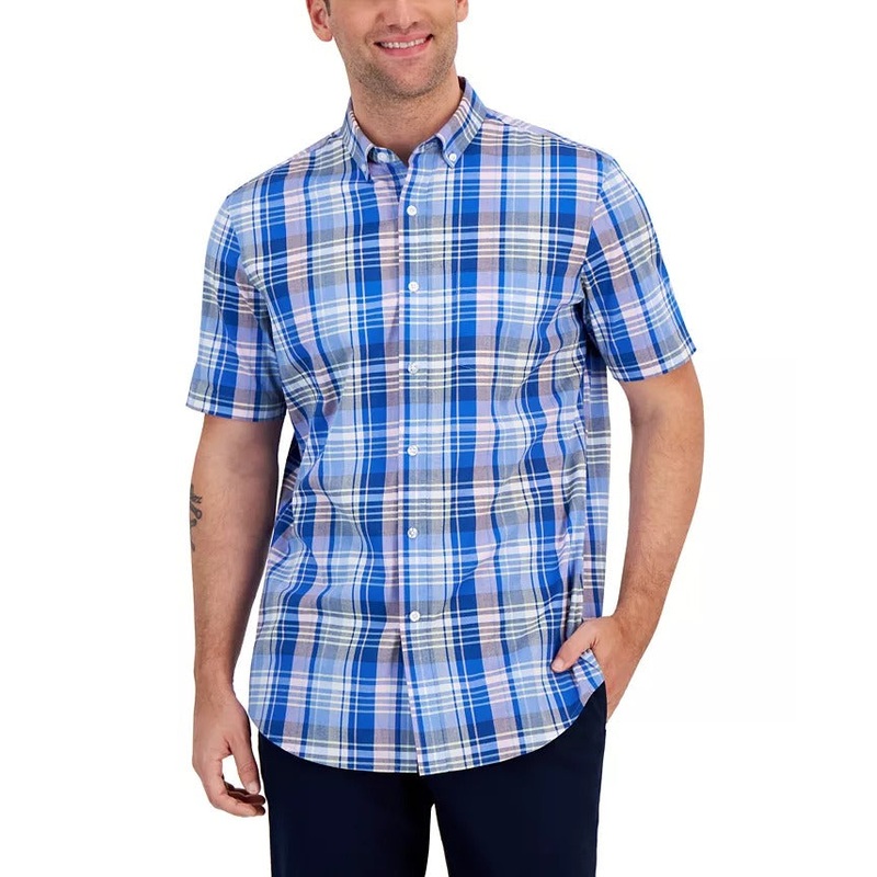 CLUB ROOM Men's Regular-Fit Plaid Short Sleeve Button-Down Shirt XL Blue