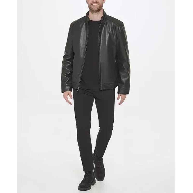 COLE HAAN Men's Faux-Leather Moto Jacket Black Large