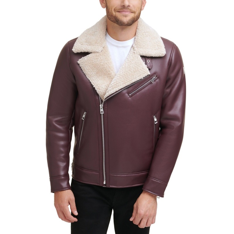 GUESS Mens Asymmetrical Faux Leather Jacket Large Burgundy