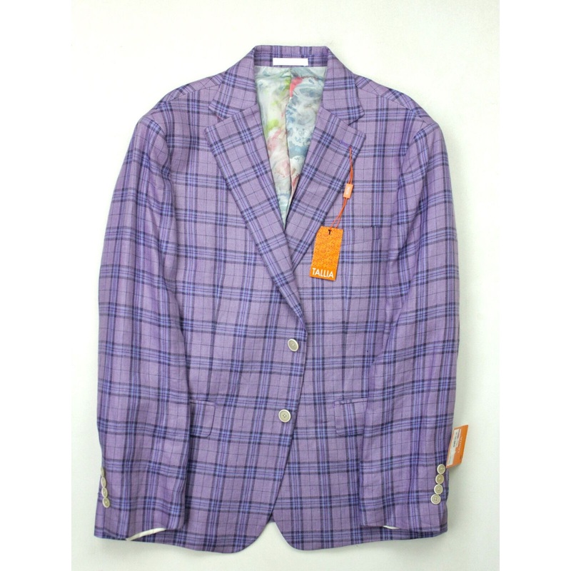 Tallia Mens Slim Fit Linen Sport Coat Blazer 38R Purple Plaid