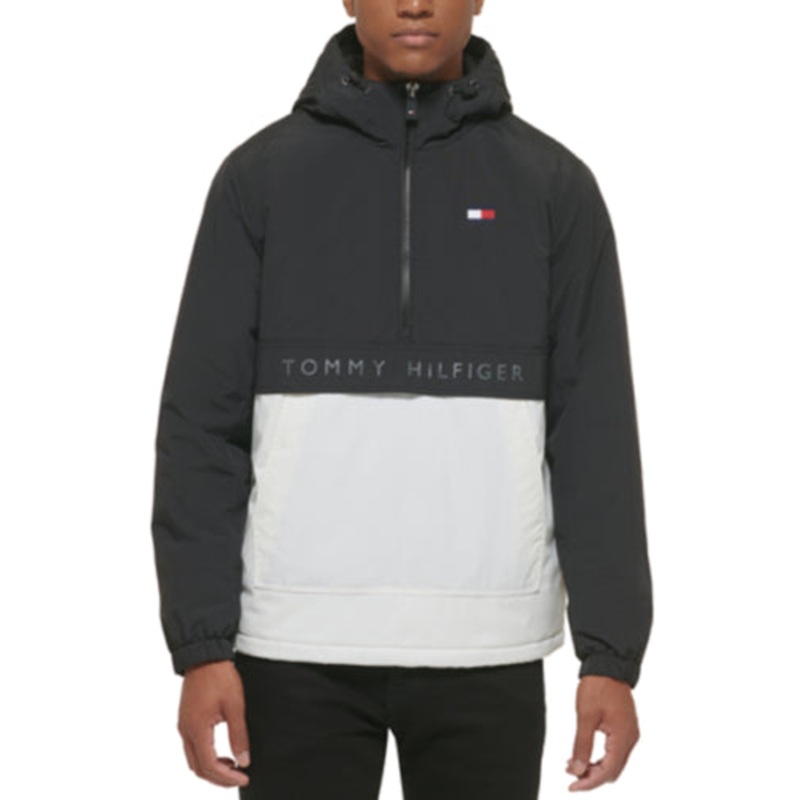 TOMMY HILFIGER Men's Performance Taslan Popover Hooded Jacket Black White XXL