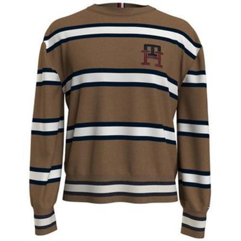 Tommy Hilfiger Men's Wool Stripe Embroidered Logo Sweater Desert Khaki Small