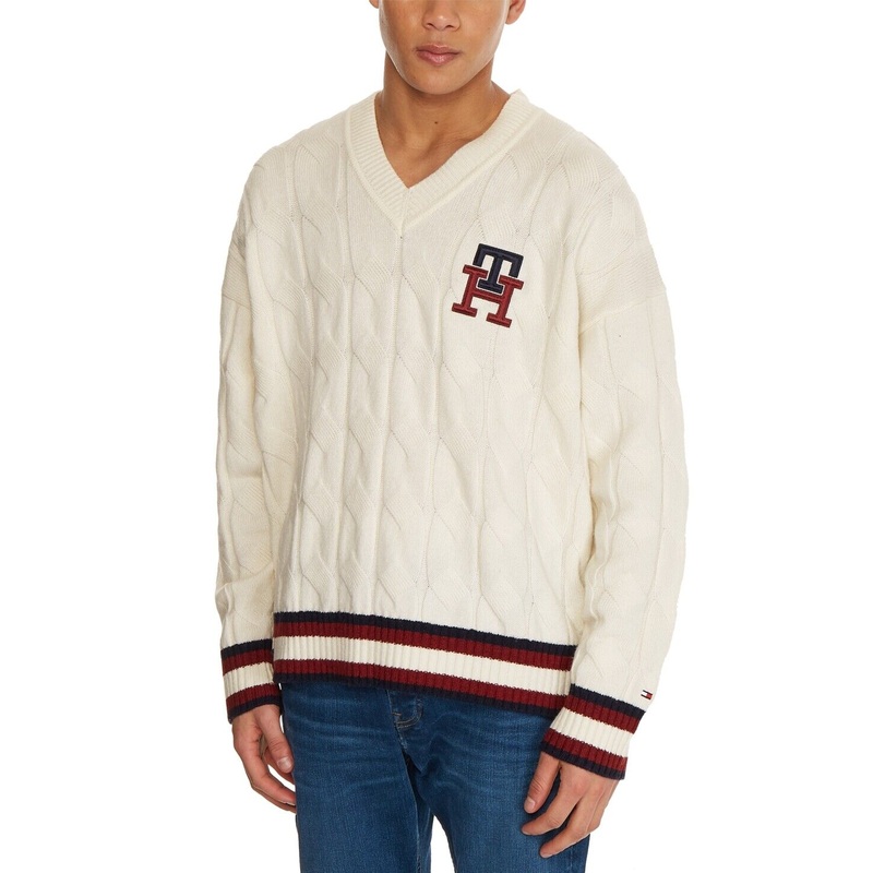 Tommy Hilfiger Mens Monogram Ivory Pullover V-Neck Sweater Large