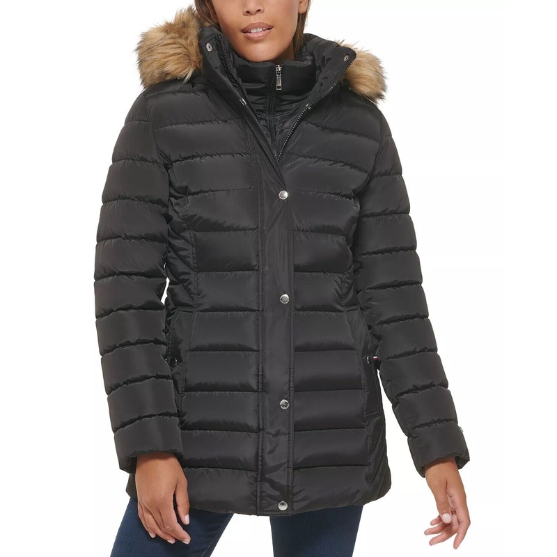 TOMMY HILFIGER Womens Petite XXS PXXS Puffer Coat Black *NO HOOD*