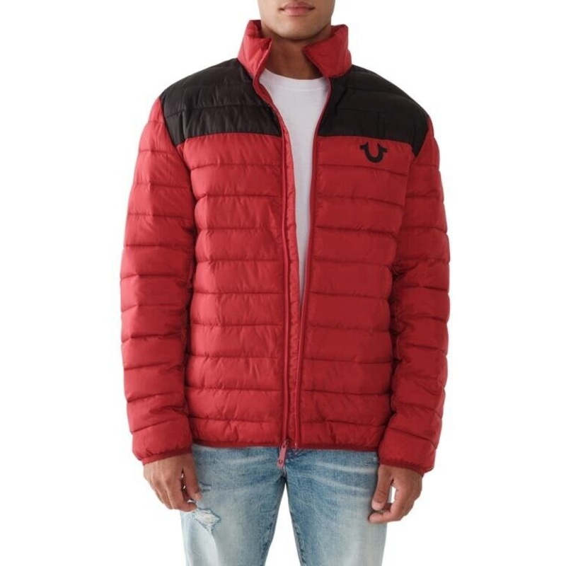 True Religion Mens Light Puffer Jacket Large Red Dahlia Black