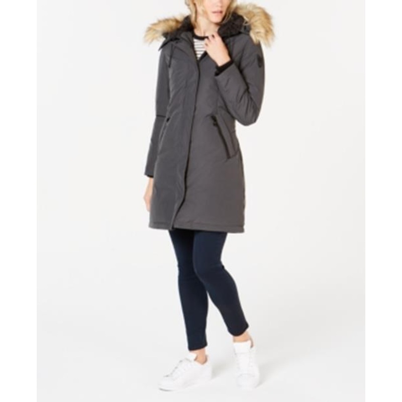 Vince Camuto Womens Down Parka Coat Grey XXL Hooded Faux-Fur-Trim