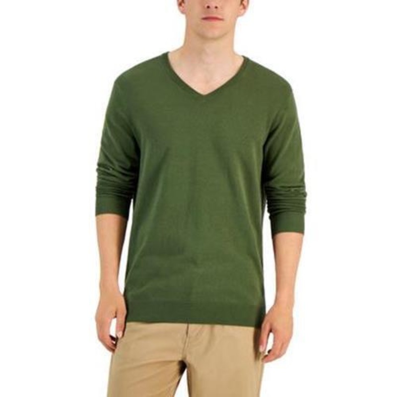 Alfani Men's Solid V Neck Cotton Sweater Costa Green XL