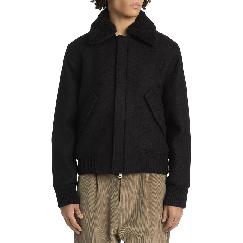 AMI Mens Heavy Shearling Trimmed Wool Bomber Jacket Coat Large Black