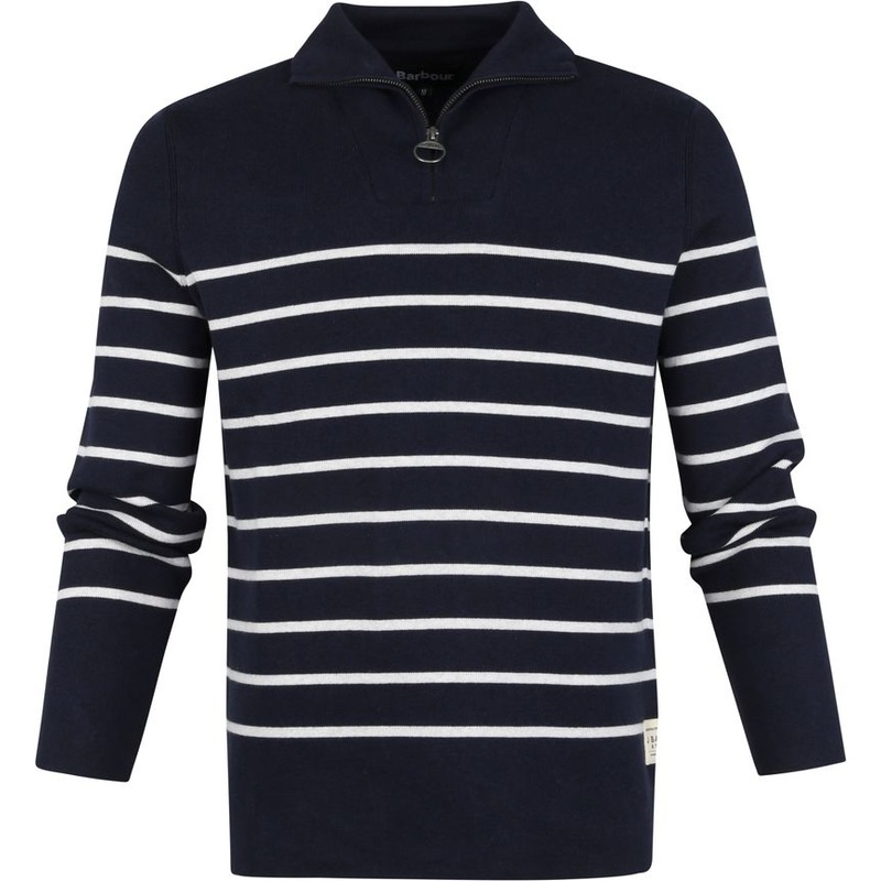 Barbour Mens Harbour Half Zip Sweater Navy Blue White Striped Large