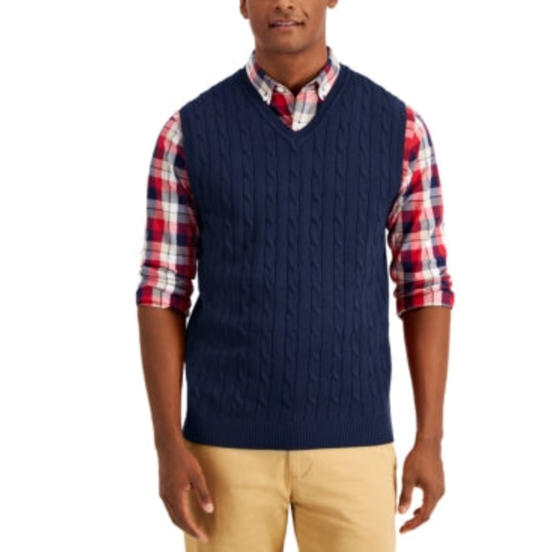 Club Room Men's Cable Knit Cotton Sweater Vest Navy Blue Small