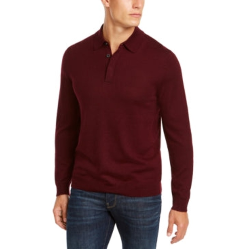 Club Room Men's Merino Wool Blend Polo Sweater Red Plum Medium