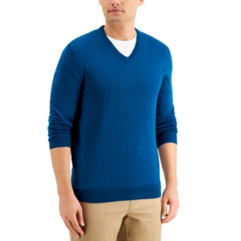 Club Room Men's Solid V Neck Merino Wool Blend Sweater Majestic Blue Medium