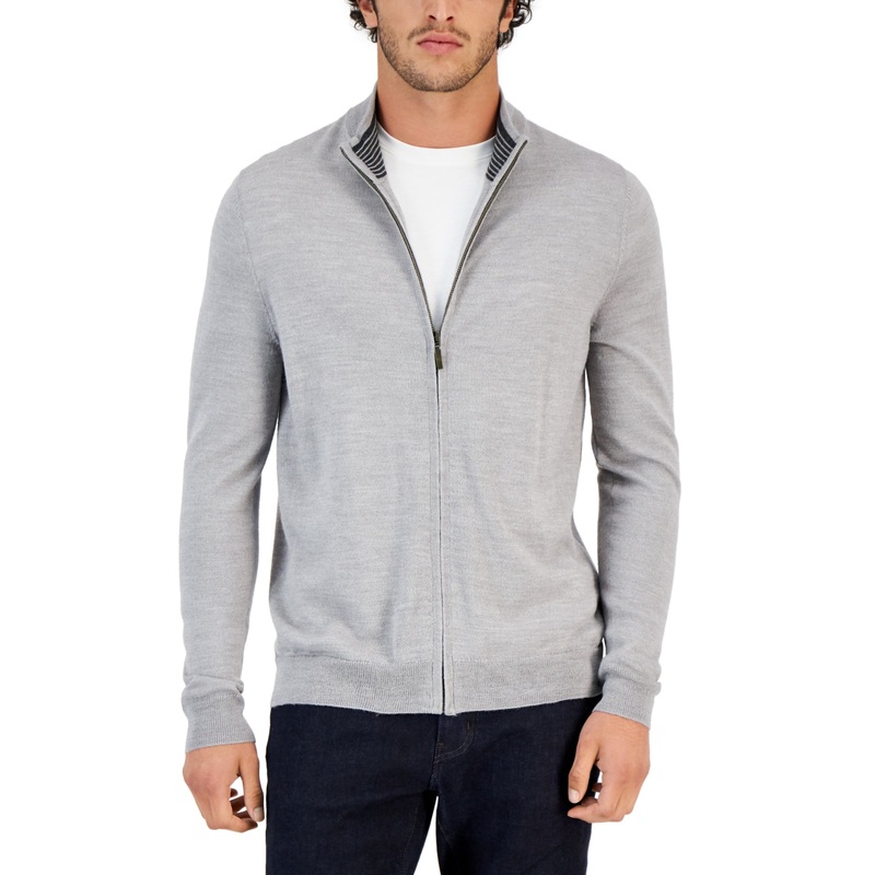 Club Room Mens Merino Wool Full Zip Sweater Smoke Grey Large