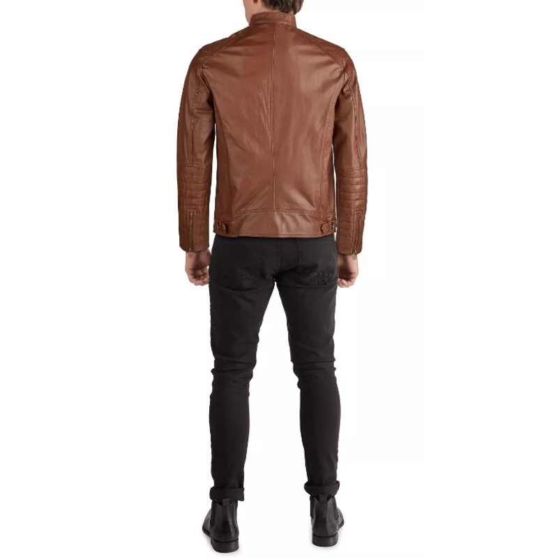 Cole Haan Men's Washed Leather Moto Jacket Small Cognac Brown